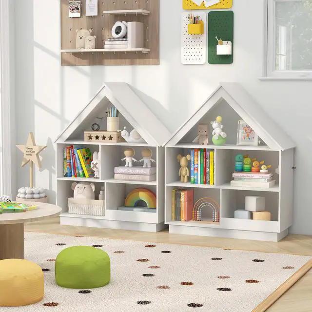 Alt view image 2 of 6 - Toy Storage Organizer, 5-Cubby Wooden Dollhouse Bookcase Cabinet, Toddler Book Shelf, Children Toy Storage Display Chest, Kids Bookshelf for Playroom, Classroom, Nursery, Daycare (White)