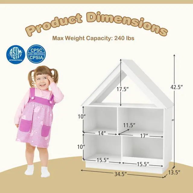 Alt view image 3 of 6 - Toy Storage Organizer, 5-Cubby Wooden Dollhouse Bookcase Cabinet, Toddler Book Shelf, Children Toy Storage Display Chest, Kids Bookshelf for Playroom, Classroom, Nursery, Daycare (White)