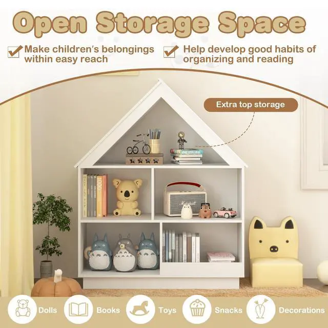 Alt view image 4 of 6 - Toy Storage Organizer, 5-Cubby Wooden Dollhouse Bookcase Cabinet, Toddler Book Shelf, Children Toy Storage Display Chest, Kids Bookshelf for Playroom, Classroom, Nursery, Daycare (White)