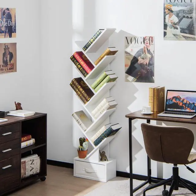 Alt view image 2 of 6 - 10 Tier Tree Bookshelf with Drawer, Floor Standing Storage Rack for CDs, Movies & Books, Display Utility Shelves for Bedroom, Living Room & Home Office (White, 10 Tier)