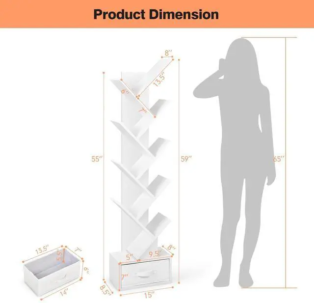 Alt view image 3 of 6 - 10 Tier Tree Bookshelf with Drawer, Floor Standing Storage Rack for CDs, Movies & Books, Display Utility Shelves for Bedroom, Living Room & Home Office (White, 10 Tier)