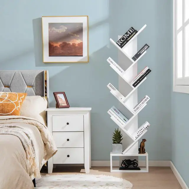 Alt view image 4 of 6 - 10 Tier Tree Bookshelf with Drawer, Floor Standing Storage Rack for CDs, Movies & Books, Display Utility Shelves for Bedroom, Living Room & Home Office (White, 10 Tier)