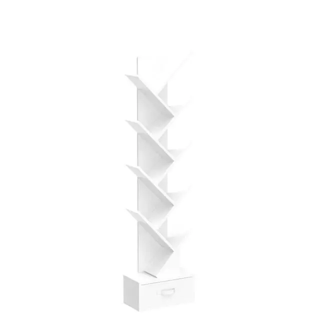 Alt view image 5 of 6 - 10 Tier Tree Bookshelf with Drawer, Floor Standing Storage Rack for CDs, Movies & Books, Display Utility Shelves for Bedroom, Living Room & Home Office (White, 10 Tier)