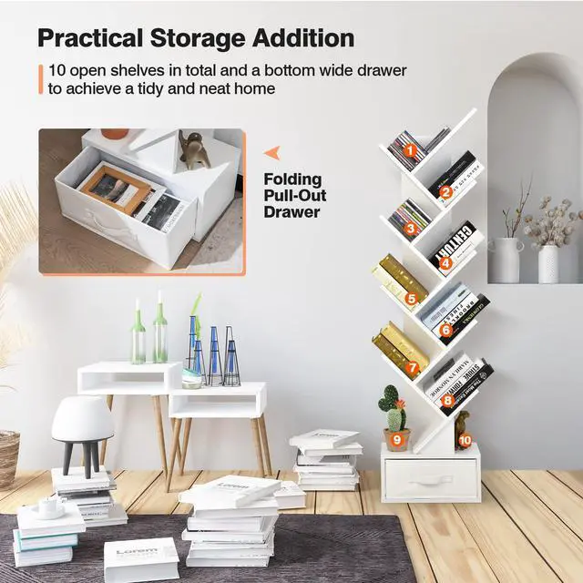 Alt view image 6 of 6 - 10 Tier Tree Bookshelf with Drawer, Floor Standing Storage Rack for CDs, Movies & Books, Display Utility Shelves for Bedroom, Living Room & Home Office (White, 10 Tier)