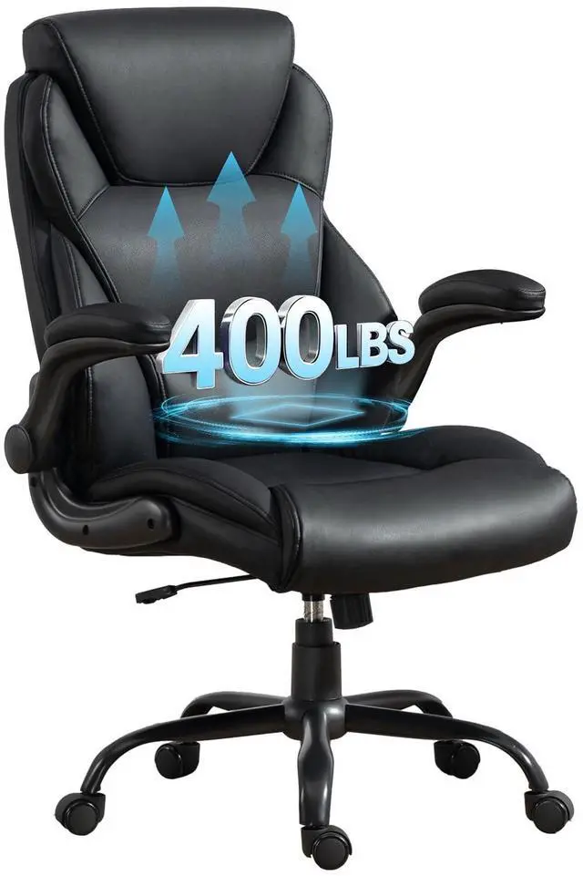 Main image of Big and Tall Office Chair 400LBS, Heavy Duty Leather Executive Desk Chair with Flip-Up Arms, High Back Swivel Rolling Computer Chair with Rocking Function for Home Office (Black)