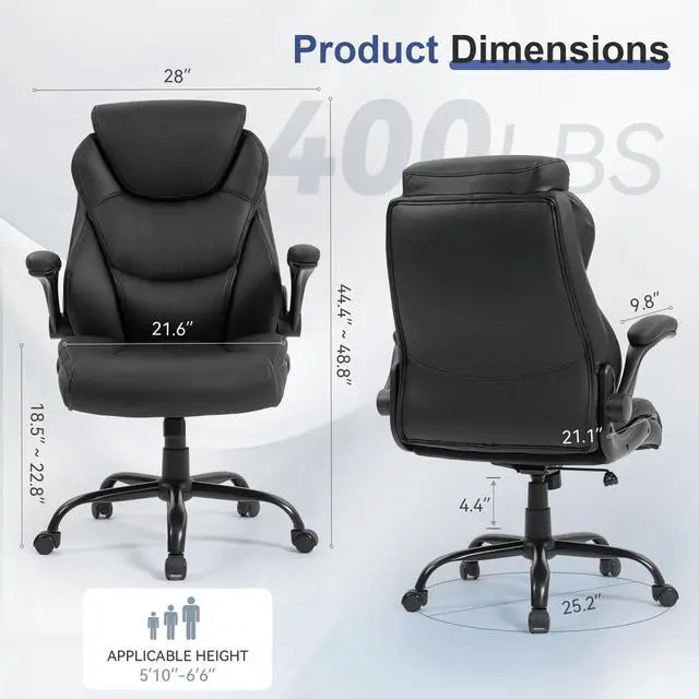 Alt view image 2 of 6 - Big and Tall Office Chair 400LBS, Heavy Duty Leather Executive Desk Chair with Flip-Up Arms, High Back Swivel Rolling Computer Chair with Rocking Function for Home Office (Black)