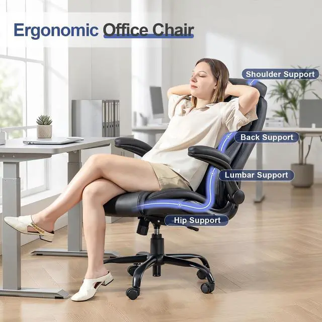 Alt view image 3 of 6 - Big and Tall Office Chair 400LBS, Heavy Duty Leather Executive Desk Chair with Flip-Up Arms, High Back Swivel Rolling Computer Chair with Rocking Function for Home Office (Black)