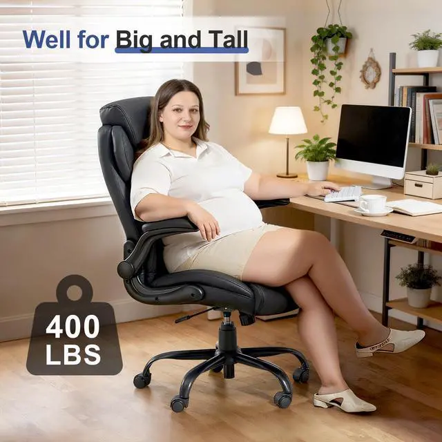 Alt view image 4 of 6 - Big and Tall Office Chair 400LBS, Heavy Duty Leather Executive Desk Chair with Flip-Up Arms, High Back Swivel Rolling Computer Chair with Rocking Function for Home Office (Black)