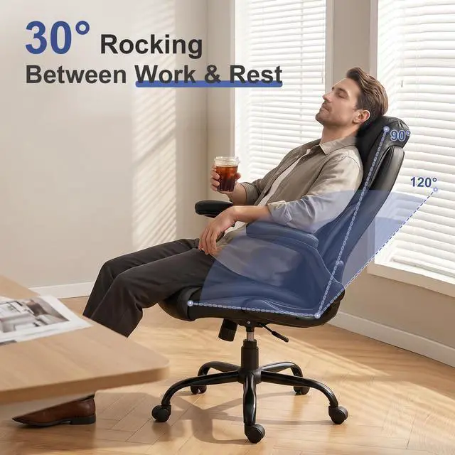 Alt view image 5 of 6 - Big and Tall Office Chair 400LBS, Heavy Duty Leather Executive Desk Chair with Flip-Up Arms, High Back Swivel Rolling Computer Chair with Rocking Function for Home Office (Black)