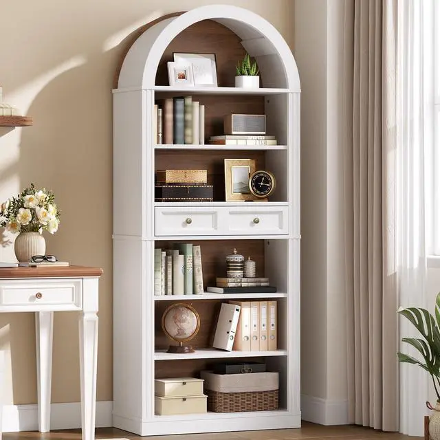Main image of Arched Bookshelf, 73" Tall Arch Bookcase with Drawer, 6-Tier Farmhouse Book Shelf, Wooden Bookshelf with Open Display Shelves for Living Room, Office, Adjustable Shelf, Walnut and White