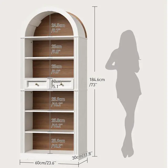 Alt view image 2 of 6 - Arched Bookshelf, 73" Tall Arch Bookcase with Drawer, 6-Tier Farmhouse Book Shelf, Wooden Bookshelf with Open Display Shelves for Living Room, Office, Adjustable Shelf, Walnut and White