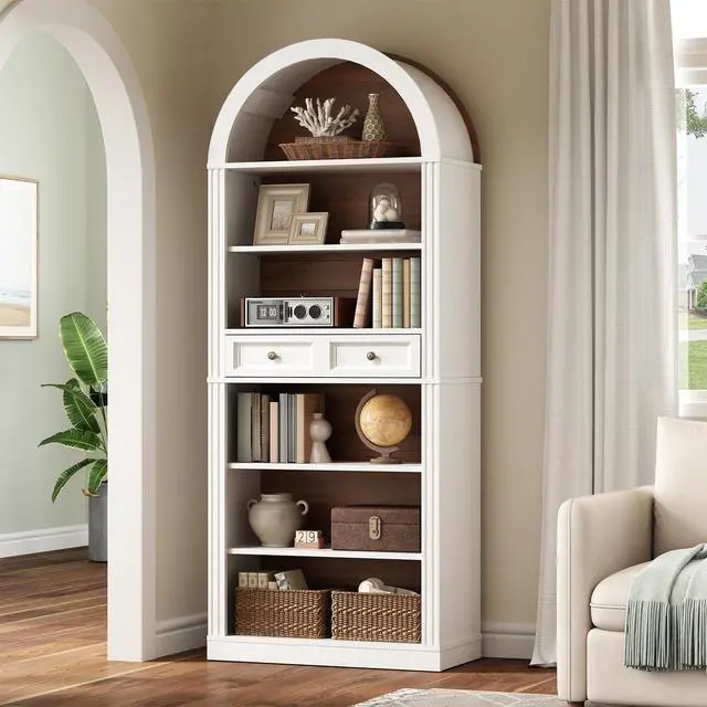 Alt view image 3 of 6 - Arched Bookshelf, 73" Tall Arch Bookcase with Drawer, 6-Tier Farmhouse Book Shelf, Wooden Bookshelf with Open Display Shelves for Living Room, Office, Adjustable Shelf, Walnut and White
