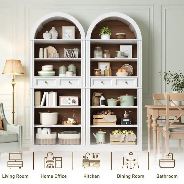 Alt view image 4 of 6 - Arched Bookshelf, 73" Tall Arch Bookcase with Drawer, 6-Tier Farmhouse Book Shelf, Wooden Bookshelf with Open Display Shelves for Living Room, Office, Adjustable Shelf, Walnut and White
