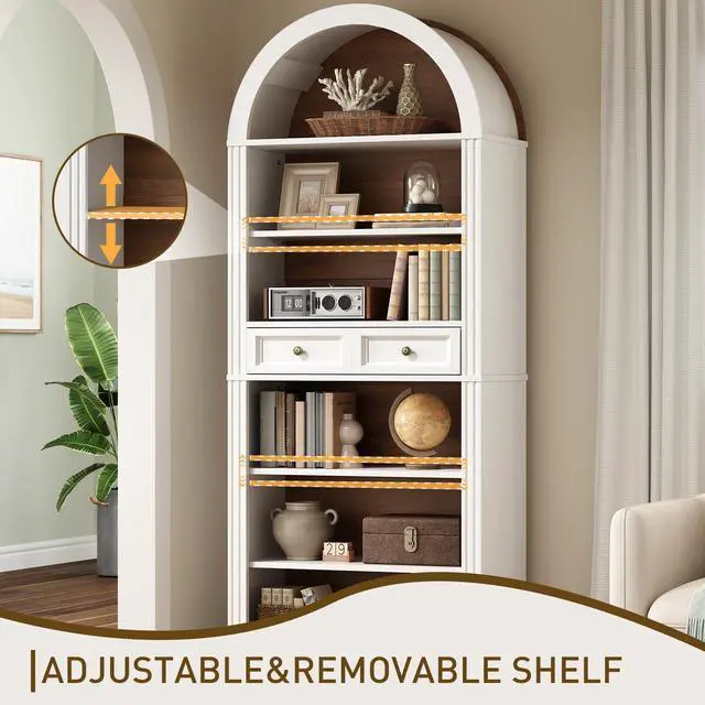 Alt view image 5 of 6 - Arched Bookshelf, 73" Tall Arch Bookcase with Drawer, 6-Tier Farmhouse Book Shelf, Wooden Bookshelf with Open Display Shelves for Living Room, Office, Adjustable Shelf, Walnut and White