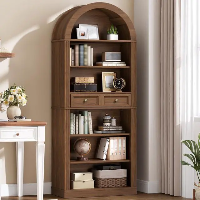 Main image of Arched Bookshelf, 73" Tall Arch Bookcase with Drawer, 6-Tier Farmhouse Book Shelf, Wooden Bookshelf with Open Display Shelves for Living Room, Office, Adjustable Shelf, Walnut