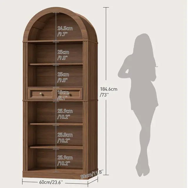 Alt view image 2 of 6 - Arched Bookshelf, 73" Tall Arch Bookcase with Drawer, 6-Tier Farmhouse Book Shelf, Wooden Bookshelf with Open Display Shelves for Living Room, Office, Adjustable Shelf, Walnut