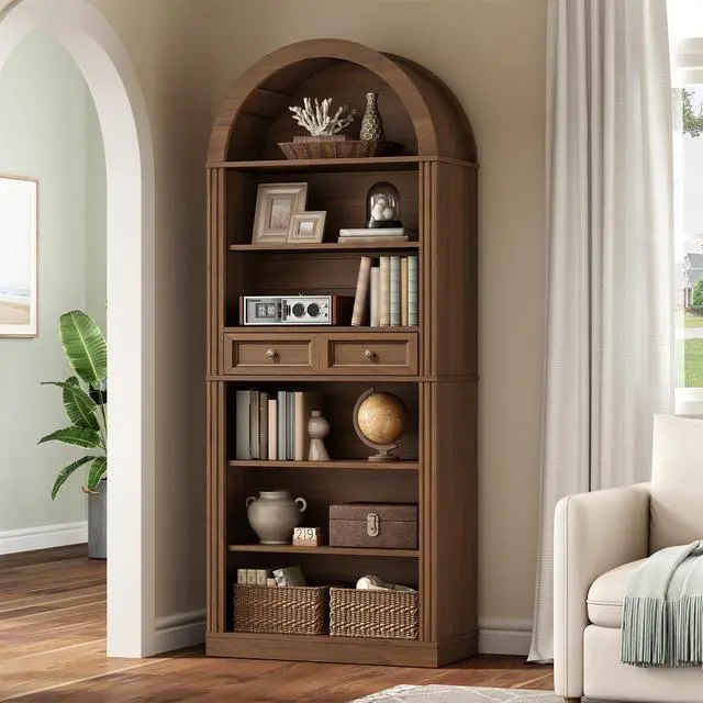 Alt view image 3 of 6 - Arched Bookshelf, 73" Tall Arch Bookcase with Drawer, 6-Tier Farmhouse Book Shelf, Wooden Bookshelf with Open Display Shelves for Living Room, Office, Adjustable Shelf, Walnut