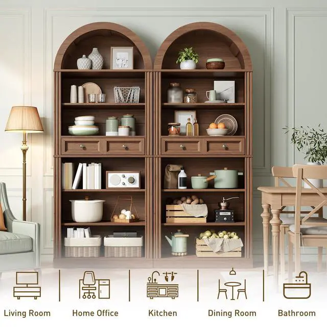 Alt view image 4 of 6 - Arched Bookshelf, 73" Tall Arch Bookcase with Drawer, 6-Tier Farmhouse Book Shelf, Wooden Bookshelf with Open Display Shelves for Living Room, Office, Adjustable Shelf, Walnut
