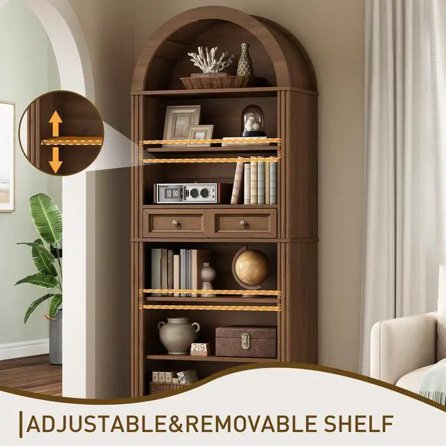 Alt view image 5 of 6 - Arched Bookshelf, 73" Tall Arch Bookcase with Drawer, 6-Tier Farmhouse Book Shelf, Wooden Bookshelf with Open Display Shelves for Living Room, Office, Adjustable Shelf, Walnut