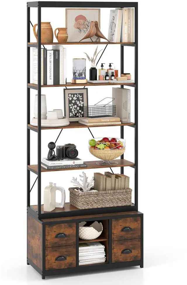 Main image of 8-Tier Bookshelf with Storage, 79" Freestanding Bookcase with 4 Fabric Drawers & Adjustable Shelf, Industrial Display Stand with Heavy-Duty Metal Frame for Living Room Bedroom Study (1)
