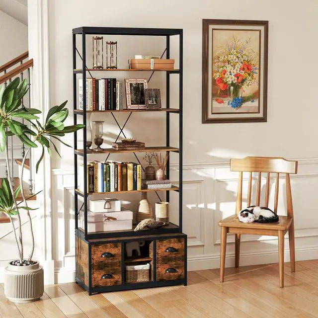 Alt view image 2 of 6 - 8-Tier Bookshelf with Storage, 79" Freestanding Bookcase with 4 Fabric Drawers & Adjustable Shelf, Industrial Display Stand with Heavy-Duty Metal Frame for Living Room Bedroom Study (1)