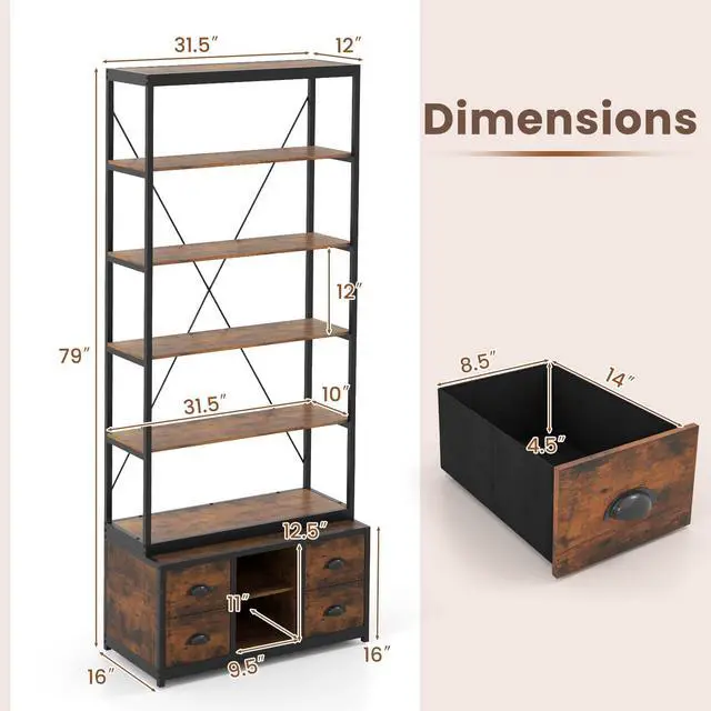 Alt view image 3 of 6 - 8-Tier Bookshelf with Storage, 79" Freestanding Bookcase with 4 Fabric Drawers & Adjustable Shelf, Industrial Display Stand with Heavy-Duty Metal Frame for Living Room Bedroom Study (1)