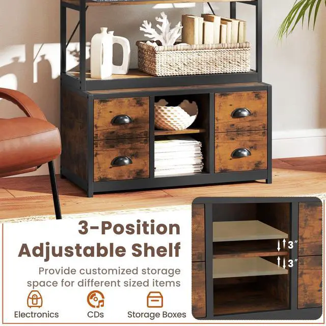 Alt view image 4 of 6 - 8-Tier Bookshelf with Storage, 79" Freestanding Bookcase with 4 Fabric Drawers & Adjustable Shelf, Industrial Display Stand with Heavy-Duty Metal Frame for Living Room Bedroom Study (1)