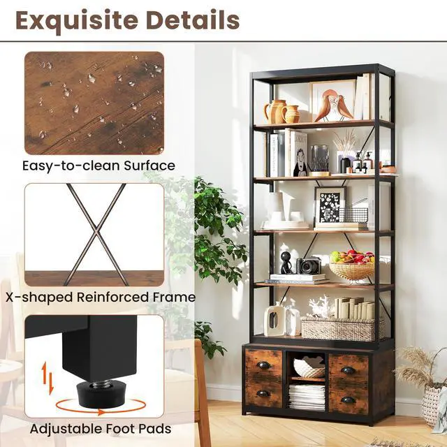 Alt view image 5 of 6 - 8-Tier Bookshelf with Storage, 79" Freestanding Bookcase with 4 Fabric Drawers & Adjustable Shelf, Industrial Display Stand with Heavy-Duty Metal Frame for Living Room Bedroom Study (1)