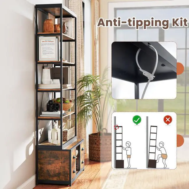 Alt view image 6 of 6 - 8-Tier Bookshelf with Storage, 79" Freestanding Bookcase with 4 Fabric Drawers & Adjustable Shelf, Industrial Display Stand with Heavy-Duty Metal Frame for Living Room Bedroom Study (1)
