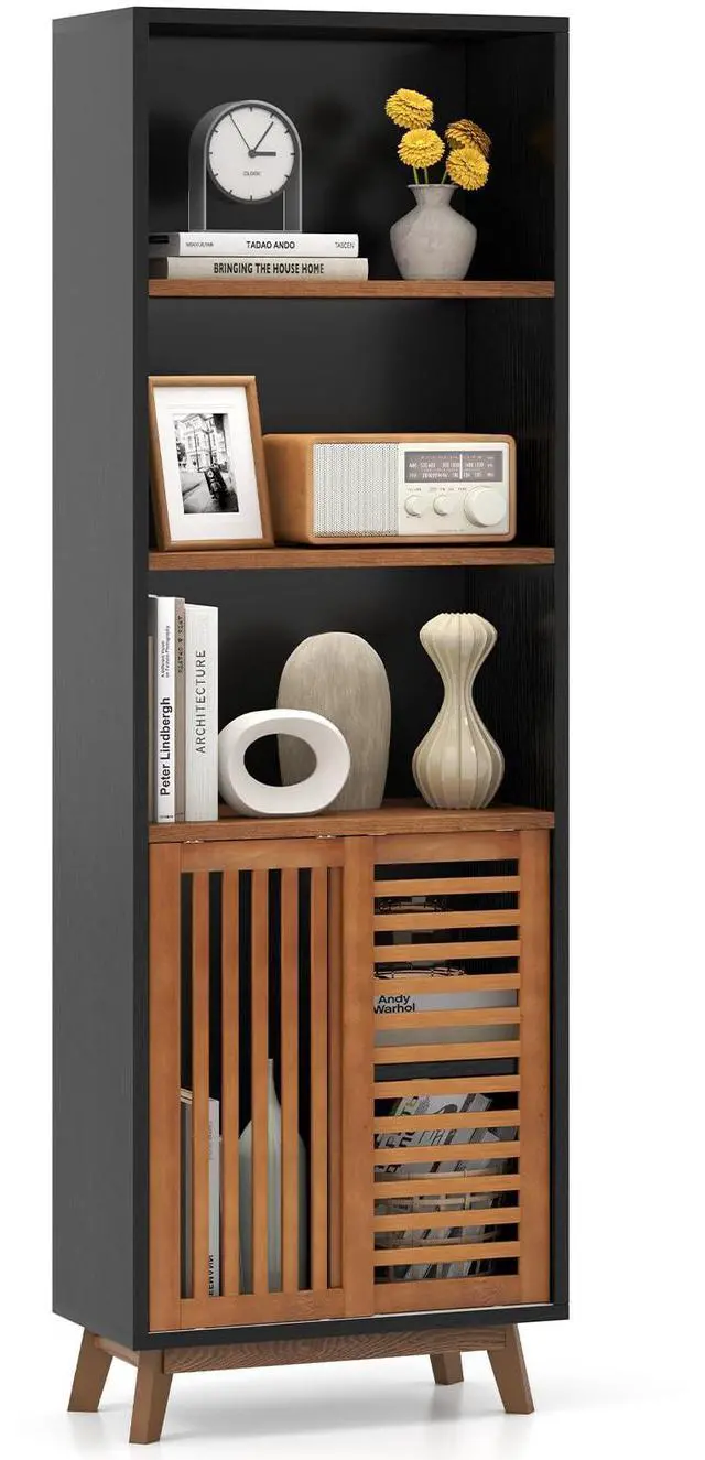 Main image of 70" Bookshelf, 5-Tier Bookcase with Reversible Adjustable Shelf, Sliding Doors, Dual Anti-Tipping Kits & Solid Wood Legs, Display Cabinet Organizer, Floor Standing Book Shelf (Walnut)