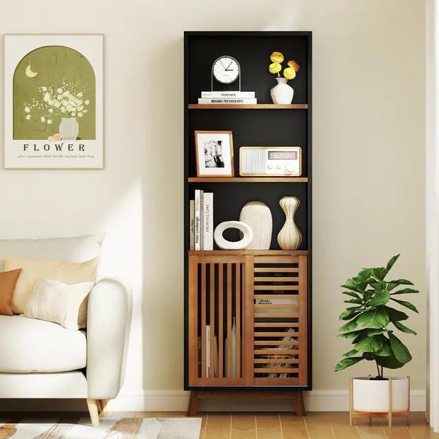 Alt view image 2 of 6 - 70" Bookshelf, 5-Tier Bookcase with Reversible Adjustable Shelf, Sliding Doors, Dual Anti-Tipping Kits & Solid Wood Legs, Display Cabinet Organizer, Floor Standing Book Shelf (Walnut)