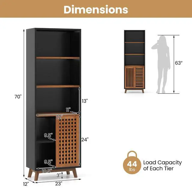 Alt view image 3 of 6 - 70" Bookshelf, 5-Tier Bookcase with Reversible Adjustable Shelf, Sliding Doors, Dual Anti-Tipping Kits & Solid Wood Legs, Display Cabinet Organizer, Floor Standing Book Shelf (Walnut)