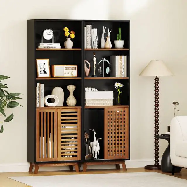 Alt view image 4 of 6 - 70" Bookshelf, 5-Tier Bookcase with Reversible Adjustable Shelf, Sliding Doors, Dual Anti-Tipping Kits & Solid Wood Legs, Display Cabinet Organizer, Floor Standing Book Shelf (Walnut)