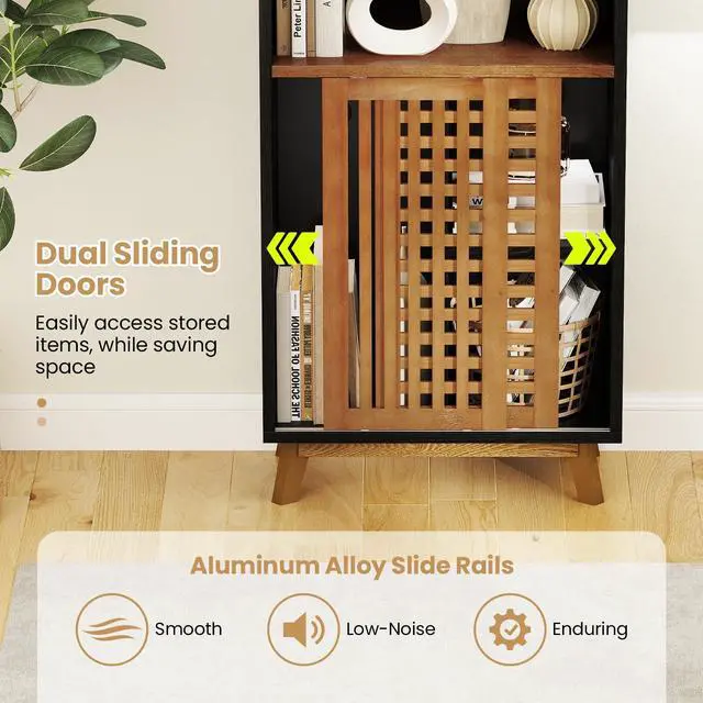 Alt view image 5 of 6 - 70" Bookshelf, 5-Tier Bookcase with Reversible Adjustable Shelf, Sliding Doors, Dual Anti-Tipping Kits & Solid Wood Legs, Display Cabinet Organizer, Floor Standing Book Shelf (Walnut)