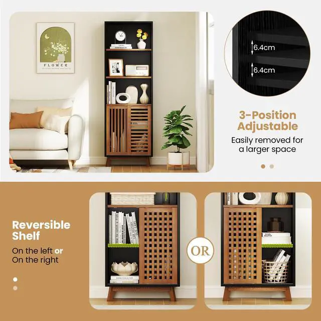 Alt view image 6 of 6 - 70" Bookshelf, 5-Tier Bookcase with Reversible Adjustable Shelf, Sliding Doors, Dual Anti-Tipping Kits & Solid Wood Legs, Display Cabinet Organizer, Floor Standing Book Shelf (Walnut)
