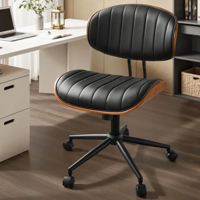 Main image of Home Office Chair with Wheels, Modern PU Leather Swivel Computer Desk Chair, Mid Back Adjustable Height Armless Walnut Chairs for Office (Black Stripes)