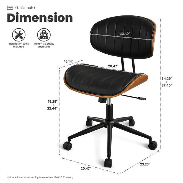 Alt view image 2 of 6 - Home Office Chair with Wheels, Modern PU Leather Swivel Computer Desk Chair, Mid Back Adjustable Height Armless Walnut Chairs for Office (Black Stripes)