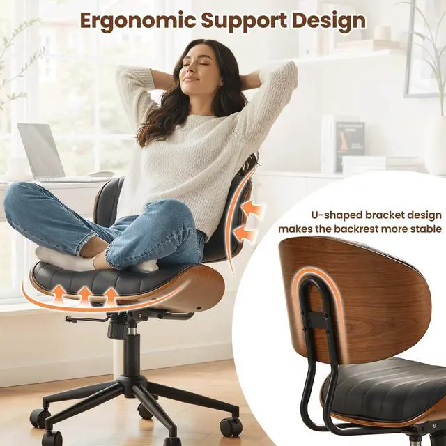 Alt view image 3 of 6 - Home Office Chair with Wheels, Modern PU Leather Swivel Computer Desk Chair, Mid Back Adjustable Height Armless Walnut Chairs for Office (Black Stripes)
