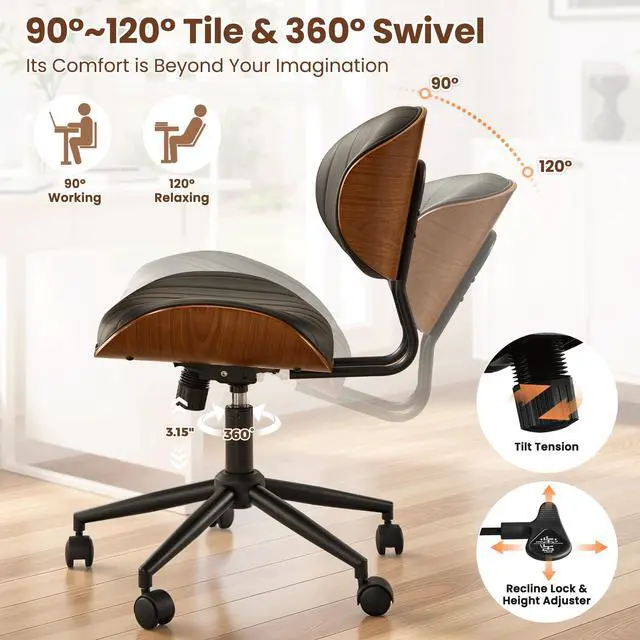 Alt view image 5 of 6 - Home Office Chair with Wheels, Modern PU Leather Swivel Computer Desk Chair, Mid Back Adjustable Height Armless Walnut Chairs for Office (Black Stripes)