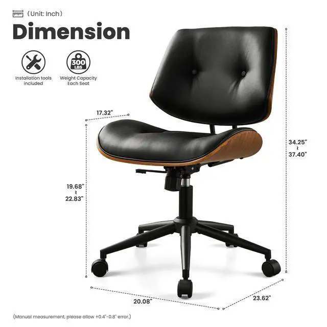 Alt view image 2 of 6 - Home Office Chair with Wheels, Modern PU Leather Swivel Computer Desk Chair, Mid Back Adjustable Height Armless Walnut Chairs for Office (Black Button)