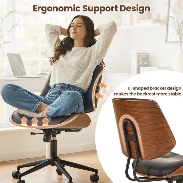 Alt view image 3 of 6 - Home Office Chair with Wheels, Modern PU Leather Swivel Computer Desk Chair, Mid Back Adjustable Height Armless Walnut Chairs for Office (Black Button)