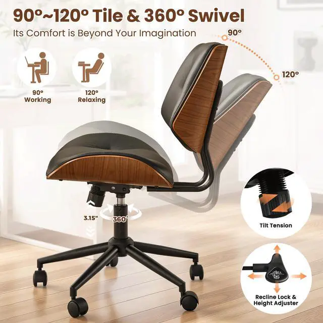 Alt view image 5 of 6 - Home Office Chair with Wheels, Modern PU Leather Swivel Computer Desk Chair, Mid Back Adjustable Height Armless Walnut Chairs for Office (Black Button)