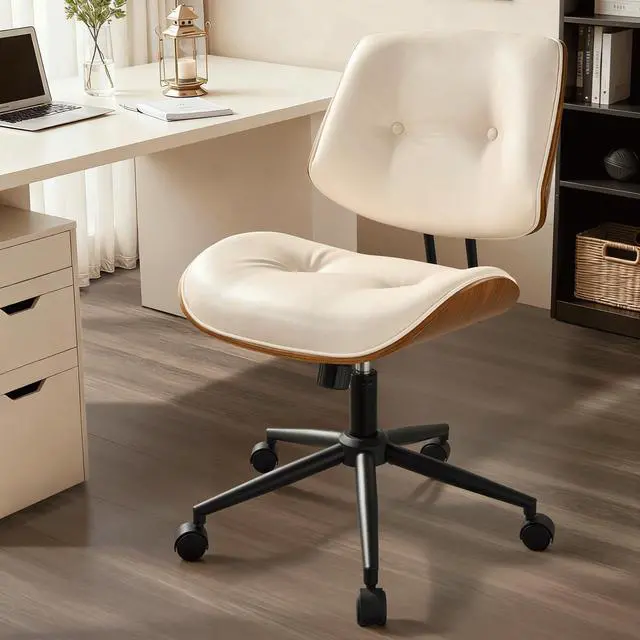 Main image of Home Office Chair with Wheels, Modern PU Leather Swivel Computer Desk Chair, Mid Back Adjustable Height Armless Walnut Chairs for Office (White Button)