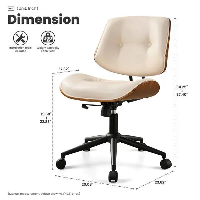 Alt view image 2 of 6 - Home Office Chair with Wheels, Modern PU Leather Swivel Computer Desk Chair, Mid Back Adjustable Height Armless Walnut Chairs for Office (White Button)