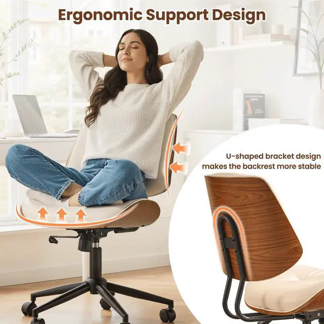 Alt view image 3 of 6 - Home Office Chair with Wheels, Modern PU Leather Swivel Computer Desk Chair, Mid Back Adjustable Height Armless Walnut Chairs for Office (White Button)