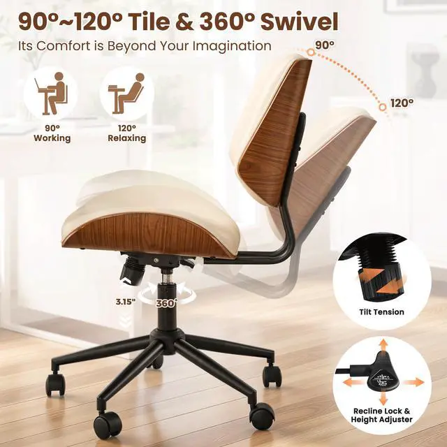 Alt view image 5 of 6 - Home Office Chair with Wheels, Modern PU Leather Swivel Computer Desk Chair, Mid Back Adjustable Height Armless Walnut Chairs for Office (White Button)