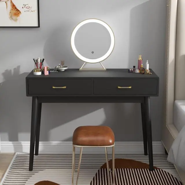 Main image of Small Black Desk with 2 Drawers, Modern Writing Desk for Small Spaces, Home Office Desk for Study, Laptop Computer Desk for Work, Makeup Vanity Table for Bedroom (Jet Black)