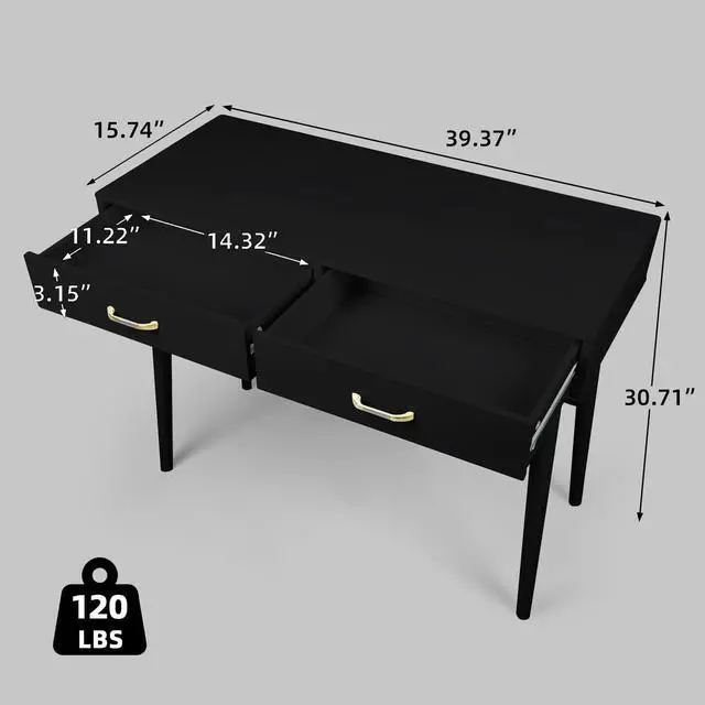 Alt view image 2 of 6 - Small Black Desk with 2 Drawers, Modern Writing Desk for Small Spaces, Home Office Desk for Study, Laptop Computer Desk for Work, Makeup Vanity Table for Bedroom (Jet Black)
