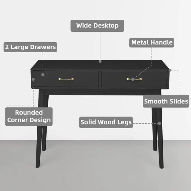 Alt view image 3 of 6 - Small Black Desk with 2 Drawers, Modern Writing Desk for Small Spaces, Home Office Desk for Study, Laptop Computer Desk for Work, Makeup Vanity Table for Bedroom (Jet Black)