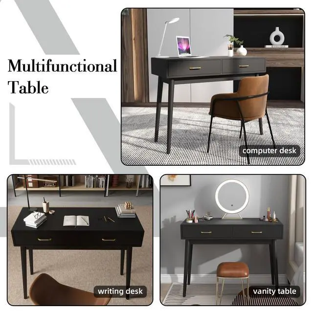 Alt view image 4 of 6 - Small Black Desk with 2 Drawers, Modern Writing Desk for Small Spaces, Home Office Desk for Study, Laptop Computer Desk for Work, Makeup Vanity Table for Bedroom (Jet Black)
